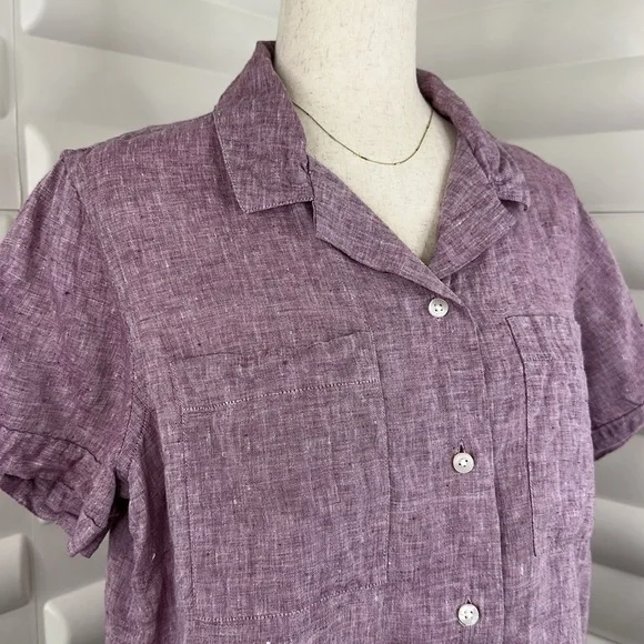 L.L. Bean Purple Linen Short Sleeve Button Down Shirt - Picture 2 of 6